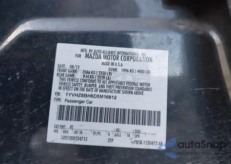 2013 Mazda Mazda6 I Sport z USA, uszkodzony, nr VIN 1YVHZ8BH6D5M16812